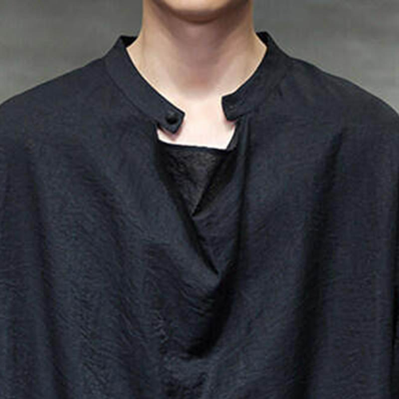 Nimara Ritual Spring Solid Color Pleated Stand Collar Design Tang Suit Men's Long Sleeve Linen Shirt