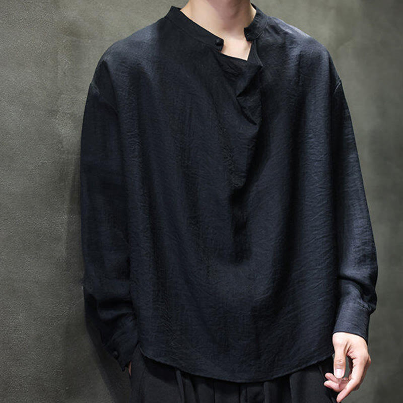 Nimara Ritual Spring Solid Color Pleated Stand Collar Design Tang Suit Men's Long Sleeve Linen Shirt