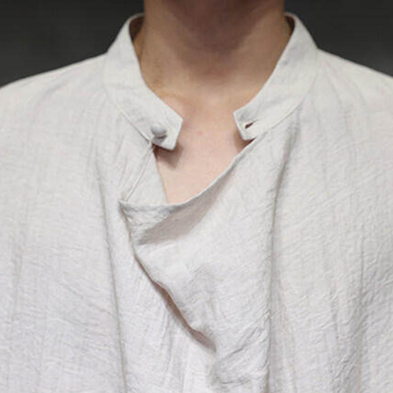 Nimara Ritual Spring Solid Color Pleated Stand Collar Design Tang Suit Men's Long Sleeve Linen Shirt