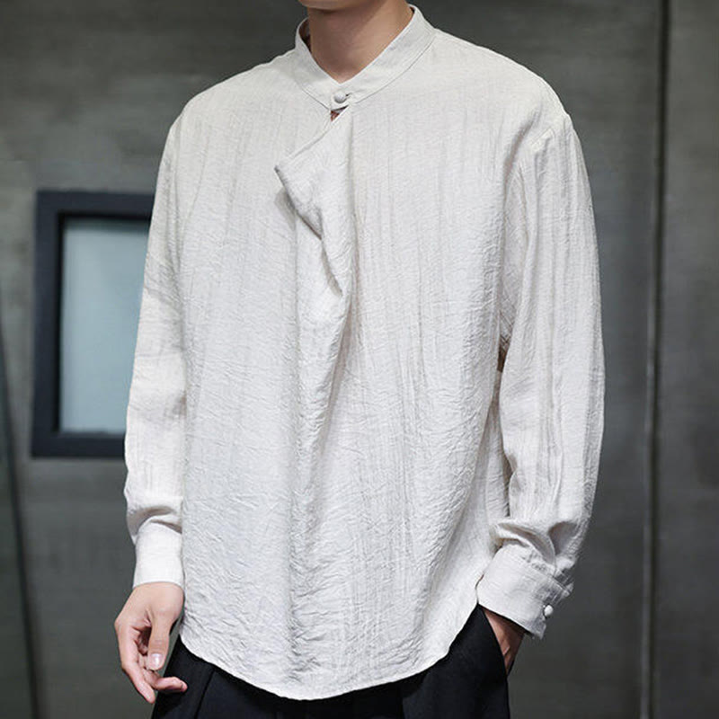 Nimara Ritual Spring Solid Color Pleated Stand Collar Design Tang Suit Men's Long Sleeve Linen Shirt