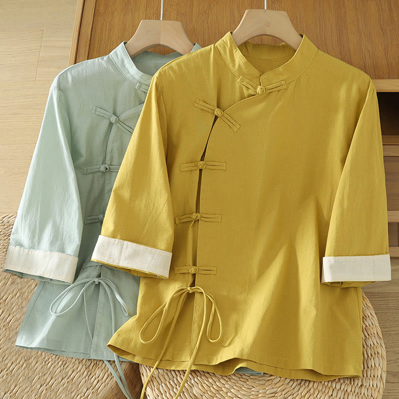 Nimara Ritual Casual Vintage Chinese Frog-Button Lace-Up Patchwork Design Women's Cotton Shirt
