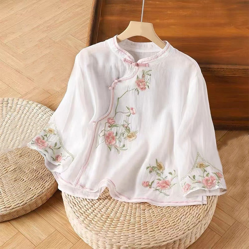 Nimara Ritual Casual Vintage Embroidery Flower Pattern Chinese Frog-Button Crew Neck Design Women's Cotton Linen Shirt