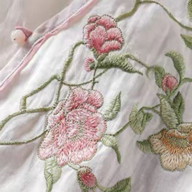 Nimara Ritual Casual Vintage Embroidery Flower Pattern Chinese Frog-Button Crew Neck Design Women's Cotton Linen Shirt