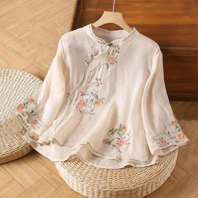 Nimara Ritual Casual Vintage Embroidery Flower Pattern Chinese Frog-Button Crew Neck Design Women's Cotton Linen Shirt