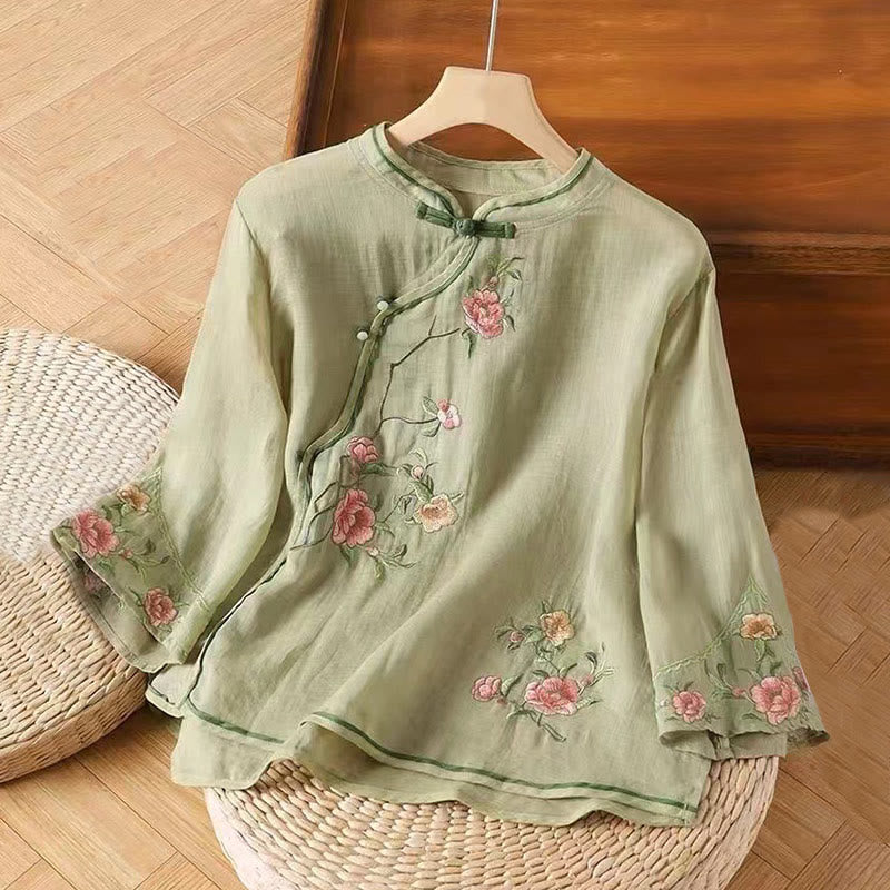 Nimara Ritual Casual Vintage Embroidery Flower Pattern Chinese Frog-Button Crew Neck Design Women's Cotton Linen Shirt