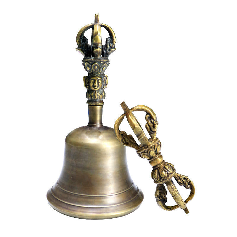Nimara Ritual 2Pcs Handmade Tibetan Meditation Bell and Vajra Dorje Copper Strength Decoration Set