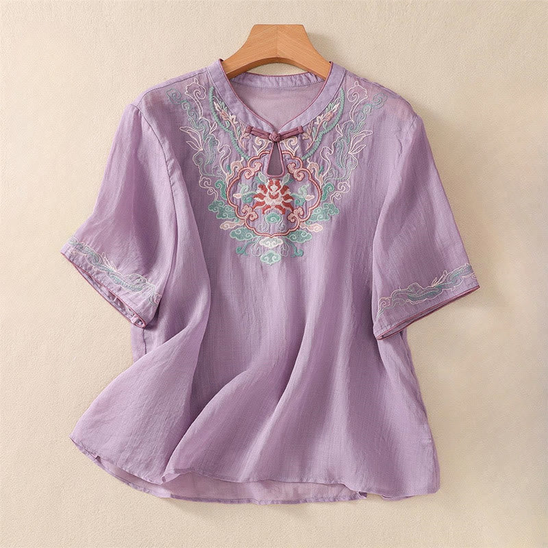 Nimara Ritual Casual Retro Embroidery Frog-Button Design Women's Cotton Linen Half Sleeve Shirt