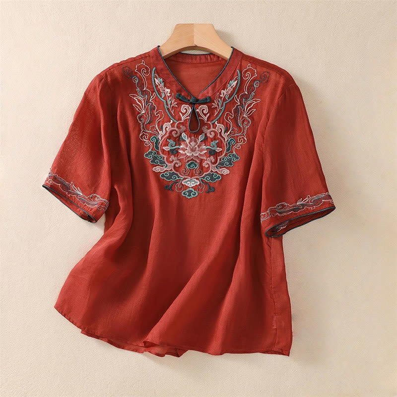 Nimara Ritual Casual Retro Embroidery Frog-Button Design Women's Cotton Linen Half Sleeve Shirt