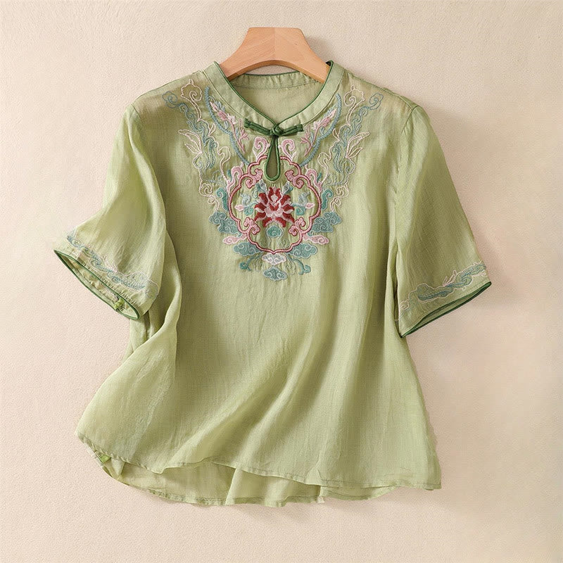 Nimara Ritual Casual Retro Embroidery Frog-Button Design Women's Cotton Linen Half Sleeve Shirt
