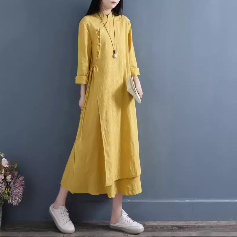 Nimara Ritual Spring Casual Plain Frog-Button Design Side Lace-Up Midi Dress