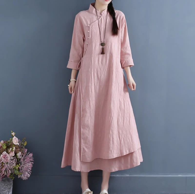 Nimara Ritual Spring Casual Plain Frog-Button Design Side Lace-Up Midi Dress
