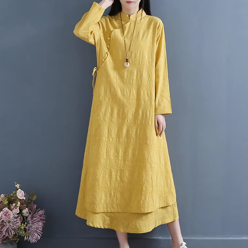 Nimara Ritual Spring Casual Plain Frog-Button Design Side Lace-Up Midi Dress