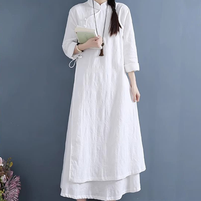 Nimara Ritual Spring Casual Plain Frog-Button Design Side Lace-Up Midi Dress