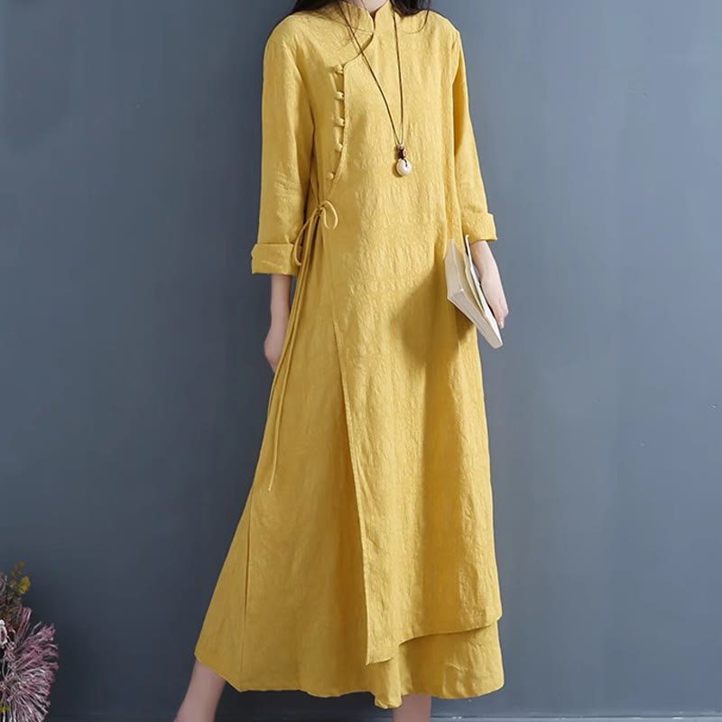 Nimara Ritual Spring Casual Plain Frog-Button Design Side Lace-Up Midi Dress