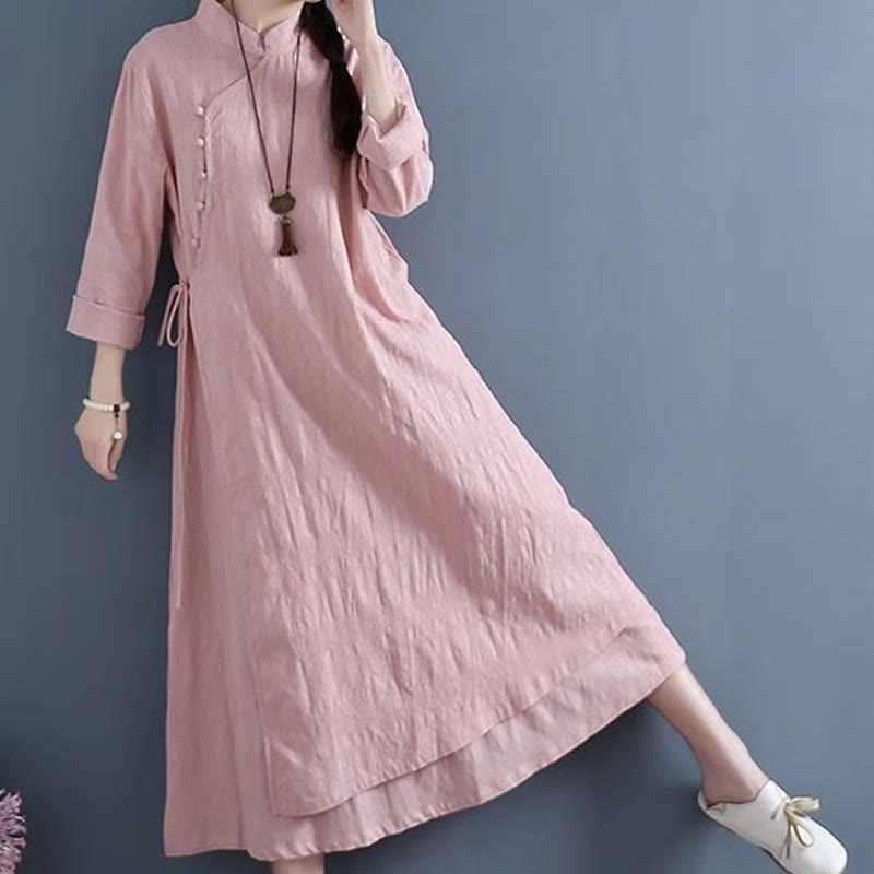 Nimara Ritual Spring Casual Plain Frog-Button Design Side Lace-Up Midi Dress