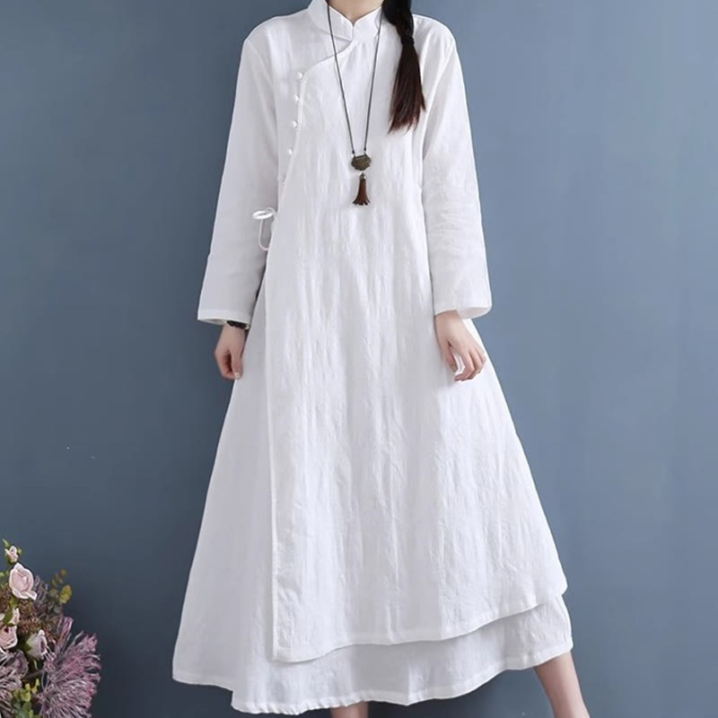 Nimara Ritual Spring Casual Plain Frog-Button Design Side Lace-Up Midi Dress