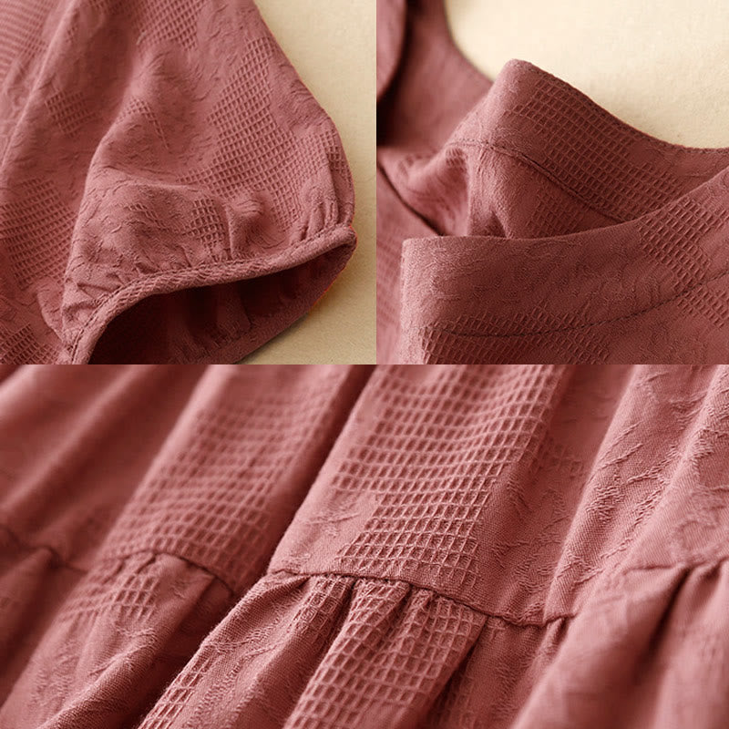 Nimara Ritual Summer Jacquard Plain Elastic Cuff Design Crew Neck Short Sleeve Cotton Midi Dress