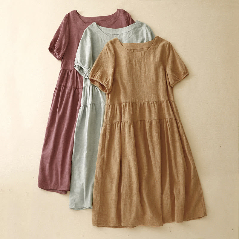 Nimara Ritual Summer Jacquard Plain Elastic Cuff Design Crew Neck Short Sleeve Cotton Midi Dress