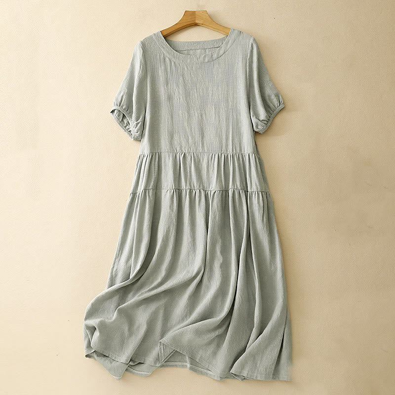 Nimara Ritual Summer Jacquard Plain Elastic Cuff Design Crew Neck Short Sleeve Cotton Midi Dress