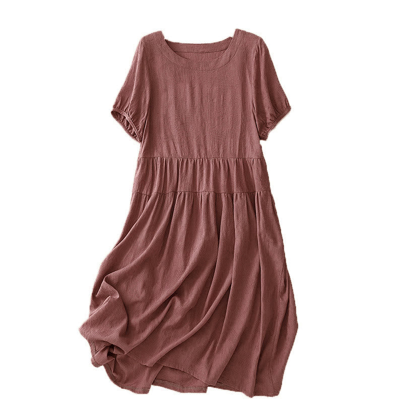Nimara Ritual Summer Jacquard Plain Elastic Cuff Design Crew Neck Short Sleeve Cotton Midi Dress