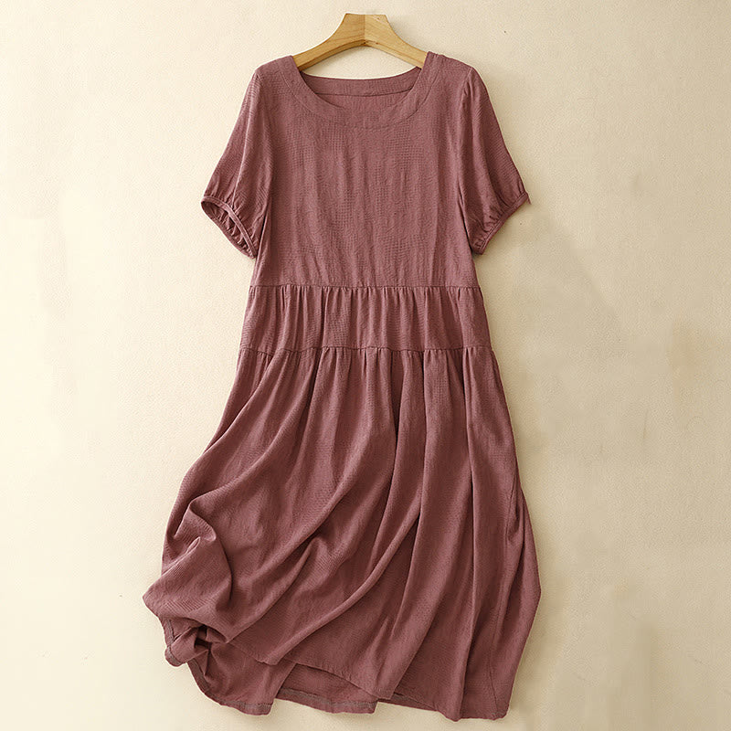 Nimara Ritual Summer Jacquard Plain Elastic Cuff Design Crew Neck Short Sleeve Cotton Midi Dress