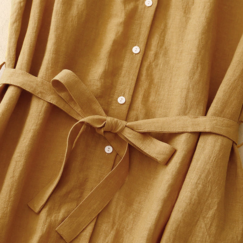 Nimara Ritual Summer Plain Lace-up Button Front Design Lapel Sleeveless Cotton Midi Dress