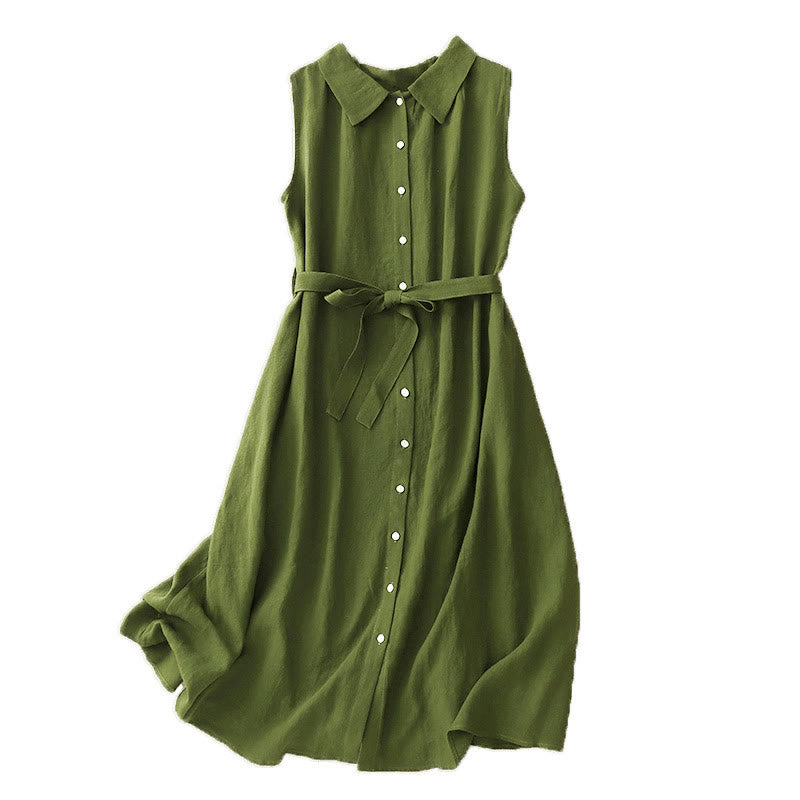Nimara Ritual Summer Plain Lace-up Button Front Design Lapel Sleeveless Cotton Midi Dress