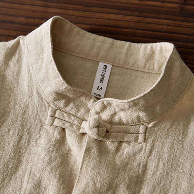Nimara Ritual Frog-Button Chinese Tang Suit Cotton Linen Men Shirt With Pockets