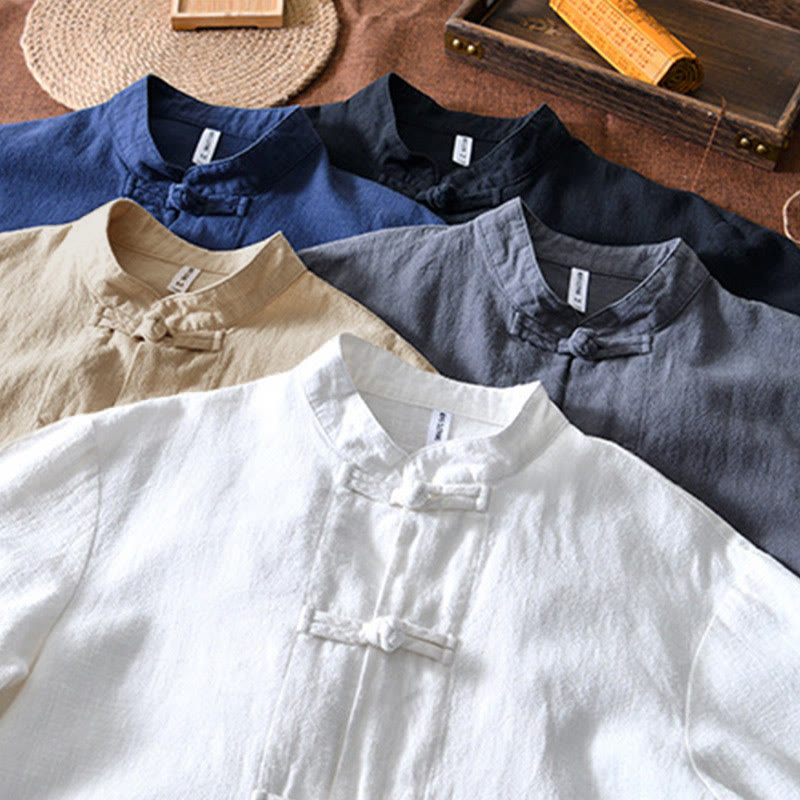 Nimara Ritual Frog-Button Chinese Tang Suit Cotton Linen Men Shirt With Pockets