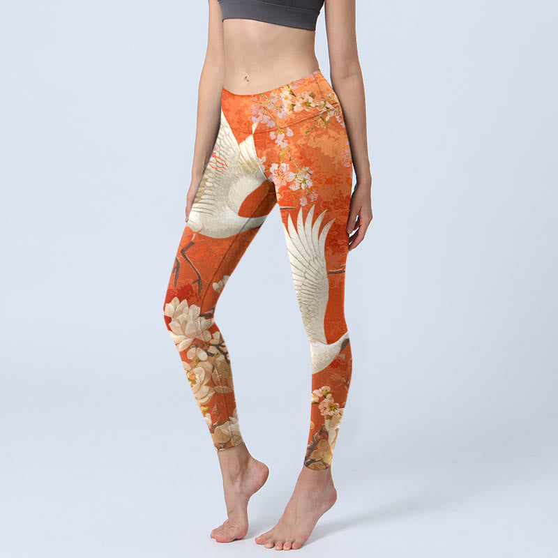 Nimara Ritual Red-Crowned Crane Cherry Blossom Lotus Flower Pattern Print Gym Leggings Women's Yoga Pants
