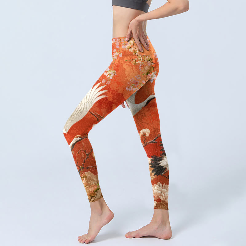 Nimara Ritual Red-Crowned Crane Cherry Blossom Lotus Flower Pattern Print Gym Leggings Women's Yoga Pants