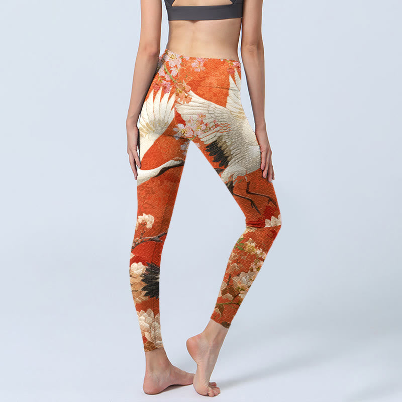 Nimara Ritual Red-Crowned Crane Cherry Blossom Lotus Flower Pattern Print Gym Leggings Women's Yoga Pants