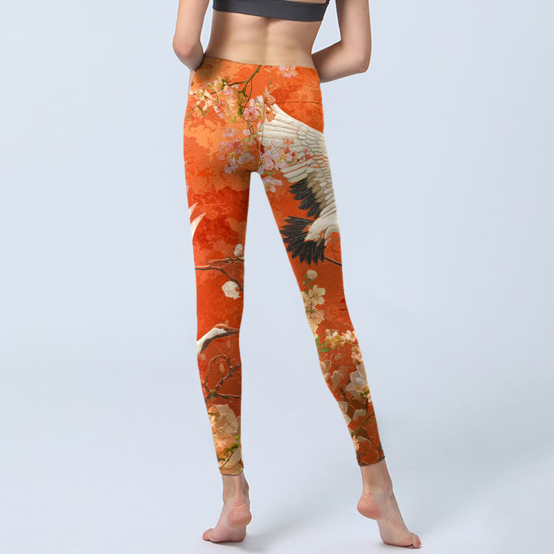 Nimara Ritual Red-Crowned Crane Cherry Blossom Lotus Flower Pattern Print Gym Leggings Women's Yoga Pants