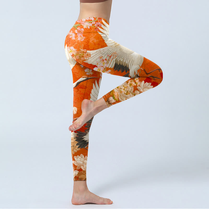 Nimara Ritual Red-Crowned Crane Cherry Blossom Lotus Flower Pattern Print Gym Leggings Women's Yoga Pants