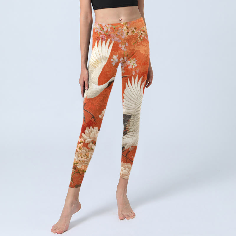 Nimara Ritual Red-Crowned Crane Cherry Blossom Lotus Flower Pattern Print Gym Leggings Women's Yoga Pants