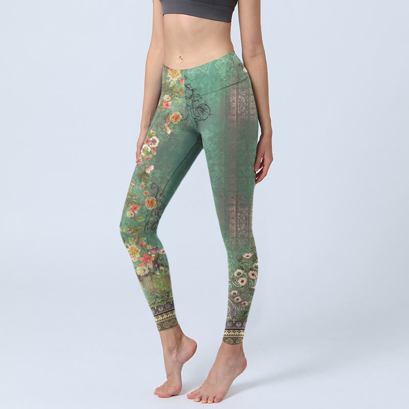 Nimara Ritual Vintage Floral Garland Lace Damask Pattern Print Gym Leggings Women's Yoga Pants