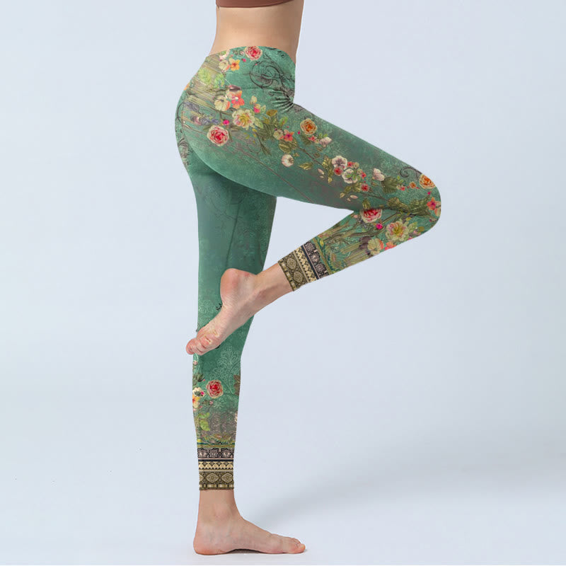Nimara Ritual Vintage Floral Garland Lace Damask Pattern Print Gym Leggings Women's Yoga Pants