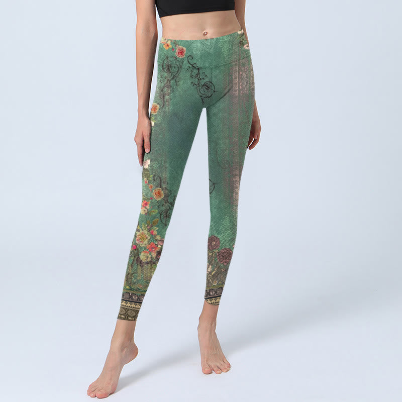 Nimara Ritual Vintage Floral Garland Lace Damask Pattern Print Gym Leggings Women's Yoga Pants