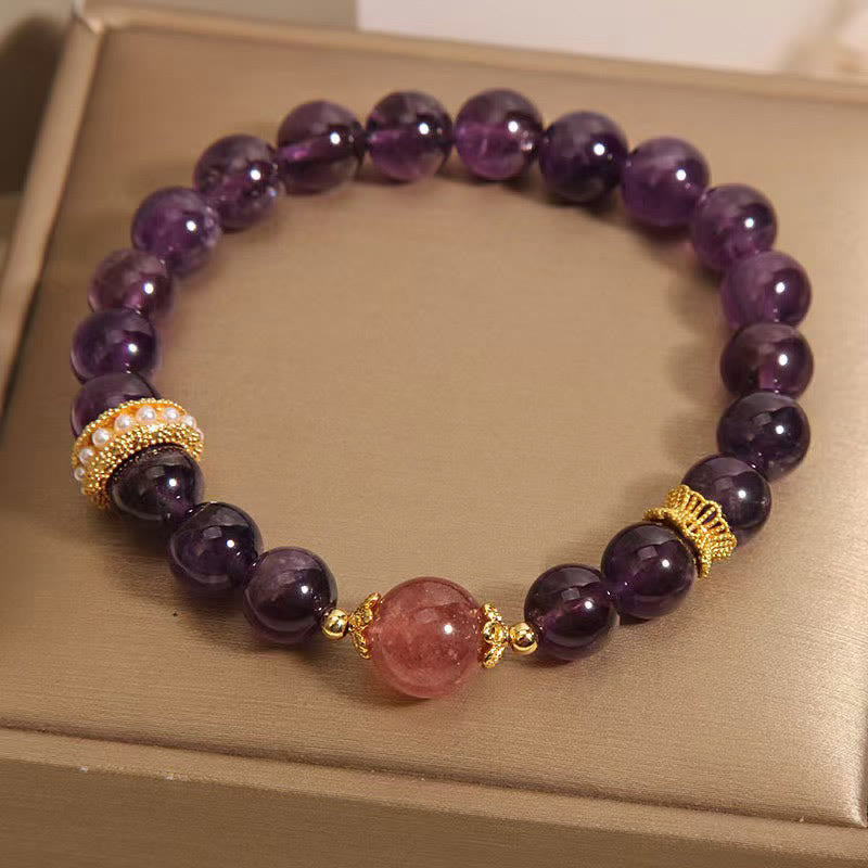 Nimara Ritual Natural Amethyst Lucky Strawberry Quartz Beads Peace Bracelet