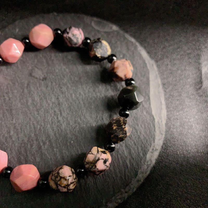Nimara Ritual Natural Rhodonite Black Line Red Spot Stone Polygon Beads Healing Bracelet