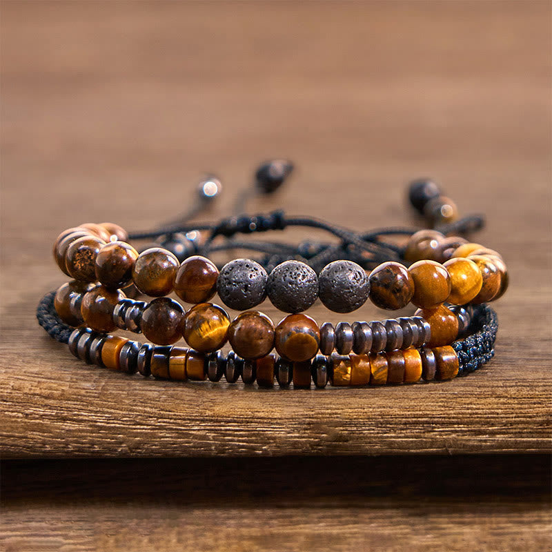 Protection and Strength 3Pcs Tiger Eye Lava Rock Bracelet Set