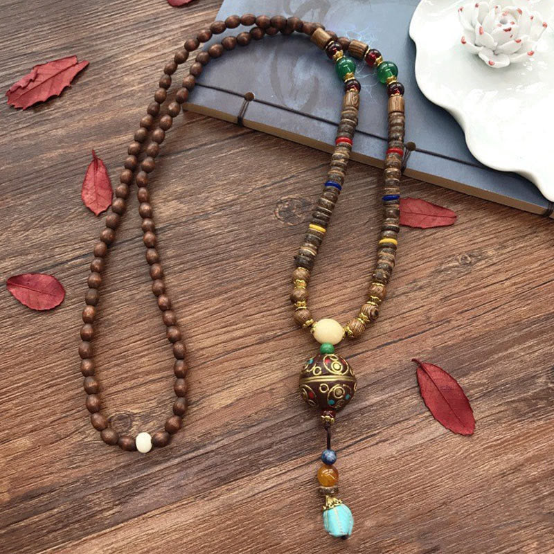 Nimara Ritual Tibetan Handmade Coconut Shell Schima Wood Great Bright Mantra Copper Bead Balance Necklace Pendant