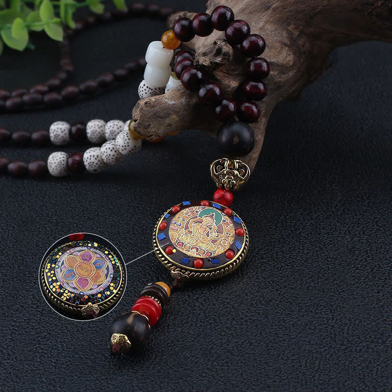 Peace and Creativity Tibetan Handmade Wood Beads Om Mani Padme Hum Samantabhadra Bodhisattva Necklace Pendant