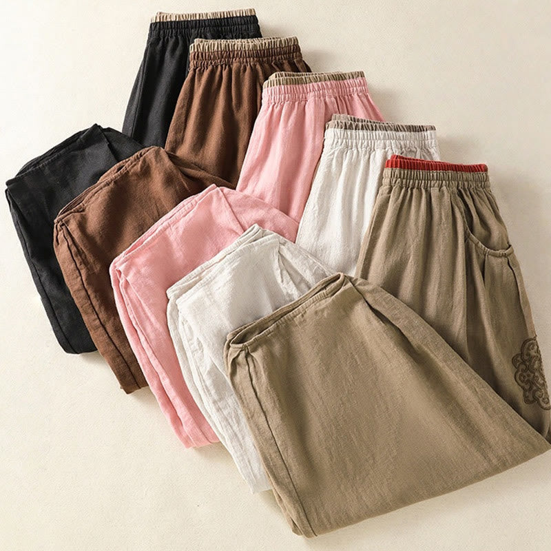 Nimara Ritual Casual Embroidery Women's Cotton Linen 7-8 Length Harem Pants With Pockets