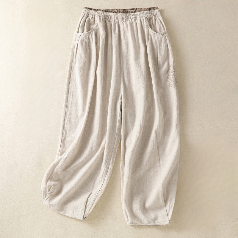 Nimara Ritual Casual Embroidery Women's Cotton Linen 7-8 Length Harem Pants With Pockets