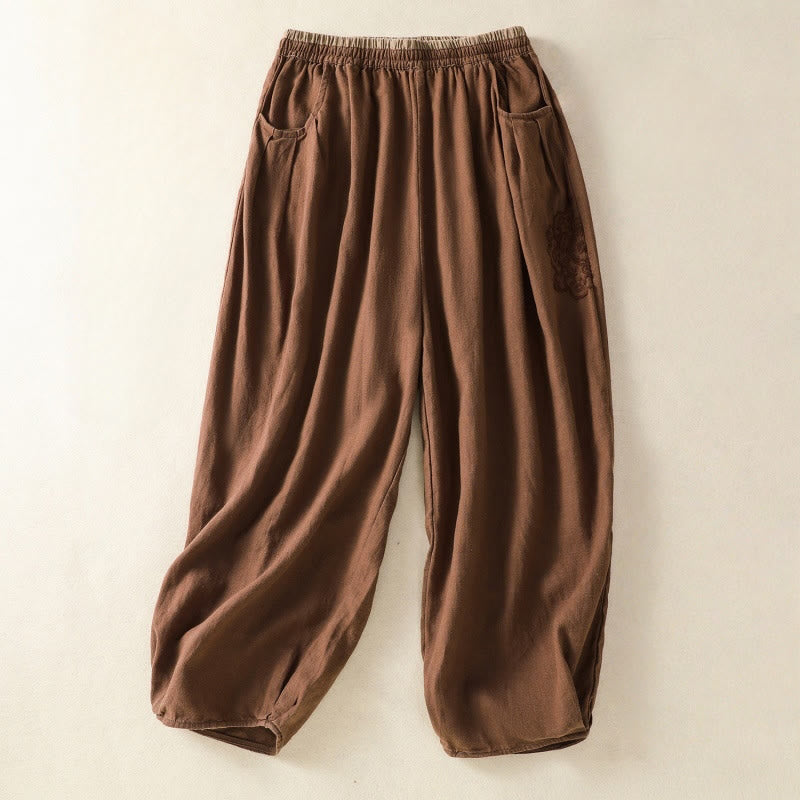 Nimara Ritual Casual Embroidery Women's Cotton Linen 7-8 Length Harem Pants With Pockets