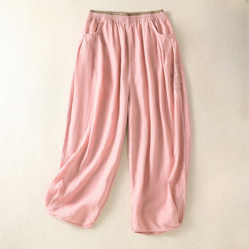 Nimara Ritual Casual Embroidery Women's Cotton Linen 7-8 Length Harem Pants With Pockets
