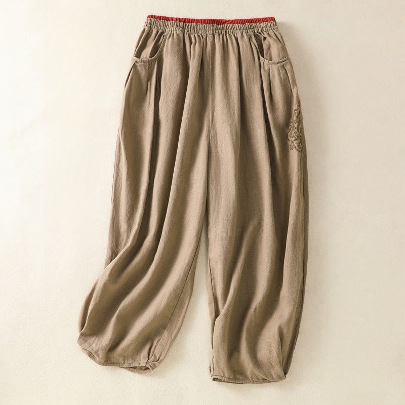 Nimara Ritual Casual Embroidery Women's Cotton Linen 7-8 Length Harem Pants With Pockets