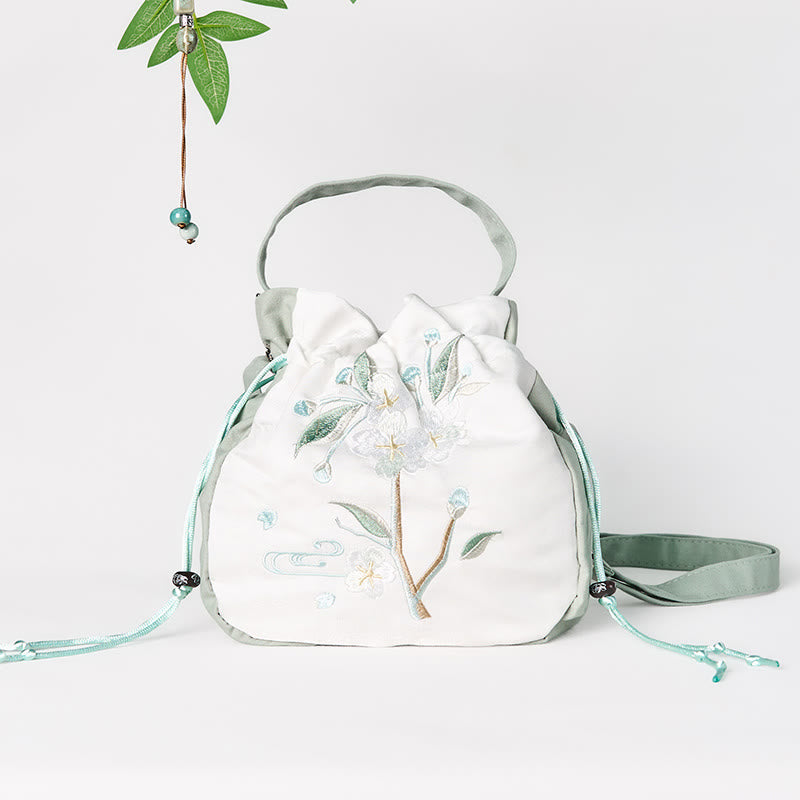 Nimara Ritual Embroidered Green Pear Blossom Canvas Tote Crossbody Bag Shoulder Bag Handbag