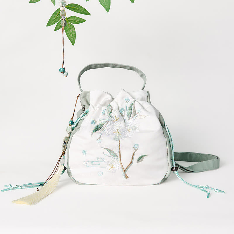 Nimara Ritual Embroidered Green Pear Blossom Canvas Tote Crossbody Bag Shoulder Bag Handbag